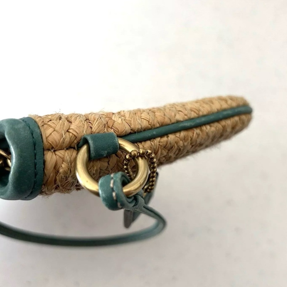 COACH Hampton Natural Straw Medium Wristlet Clutch Teal Flower Appliqué Patch - Picture 6 of 10